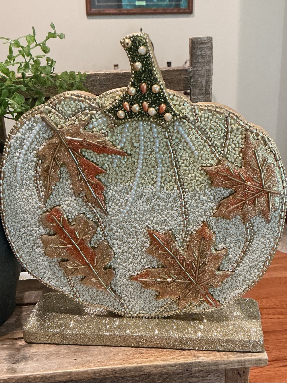 Beaded and Glitter Fall White Pumpkin Tbletop Decor